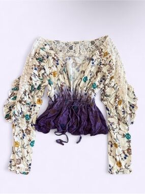 Gimmicks Boho Kimono Shrug Floral Lace Ruffle Drawstring Tie Hippie Purple Hem